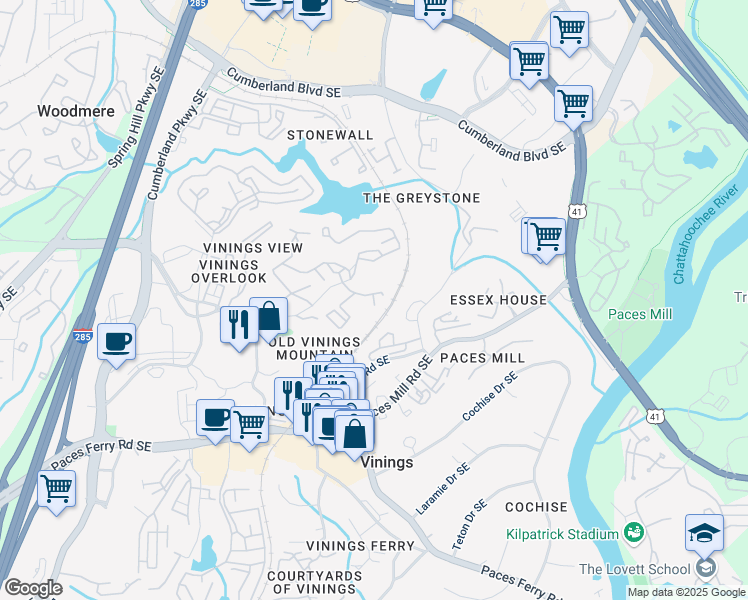 map of restaurants, bars, coffee shops, grocery stores, and more near Pinhurst Drive in Atlanta