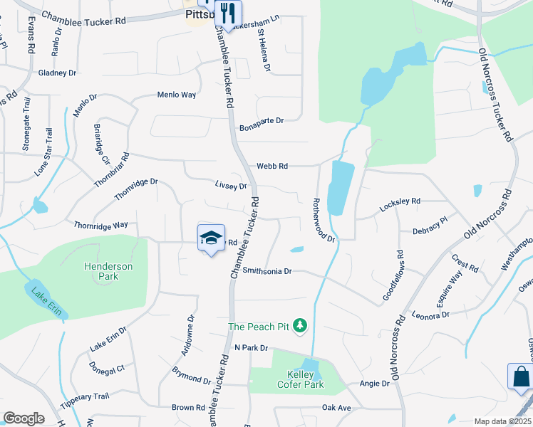map of restaurants, bars, coffee shops, grocery stores, and more near 4214 Smithsonia Court in Tucker