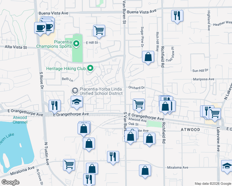 map of restaurants, bars, coffee shops, grocery stores, and more near 1548 Spruce Street in Placentia