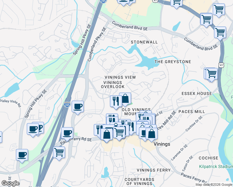 map of restaurants, bars, coffee shops, grocery stores, and more near 3200 7 Pines Court in Atlanta