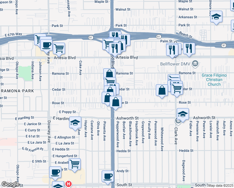 map of restaurants, bars, coffee shops, grocery stores, and more near 17820 Lakewood Boulevard in Bellflower