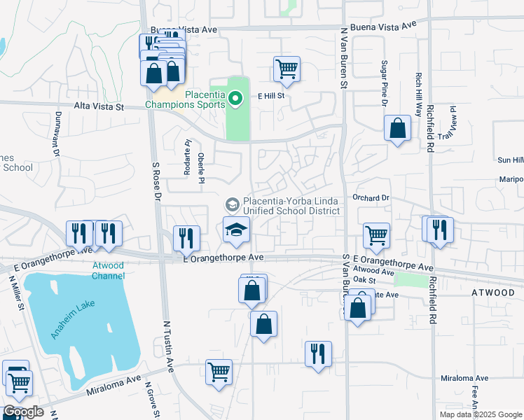 map of restaurants, bars, coffee shops, grocery stores, and more near in Placentia