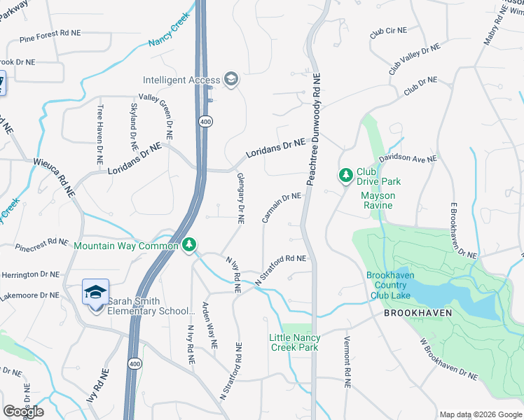 map of restaurants, bars, coffee shops, grocery stores, and more near 4240 Carmain Drive Northeast in Atlanta