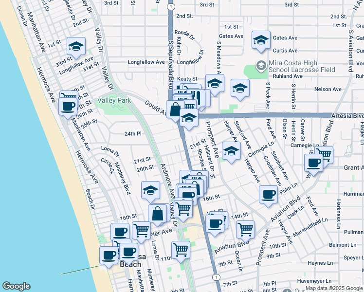 map of restaurants, bars, coffee shops, grocery stores, and more near 2121 California 1 in Hermosa Beach