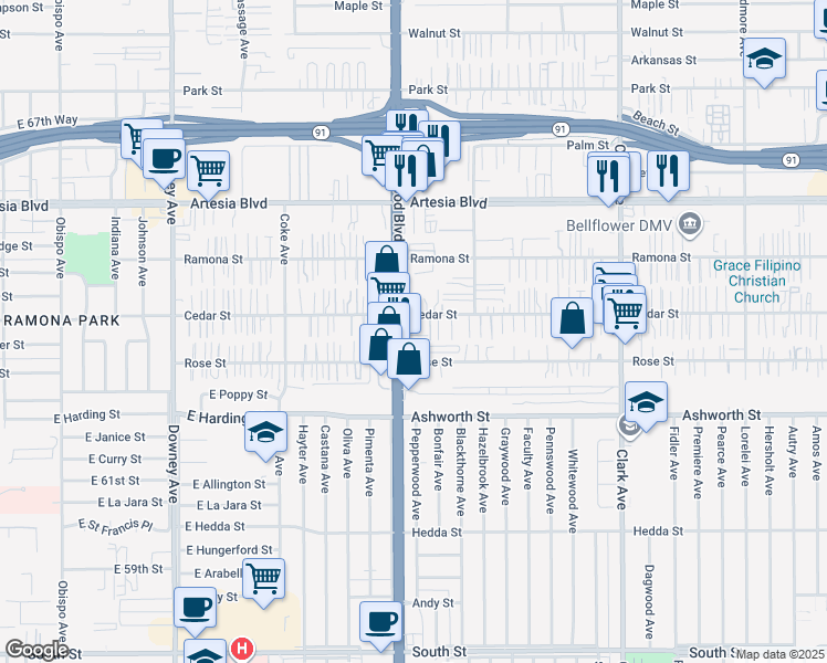map of restaurants, bars, coffee shops, grocery stores, and more near 17820 Lakewood Boulevard in Bellflower