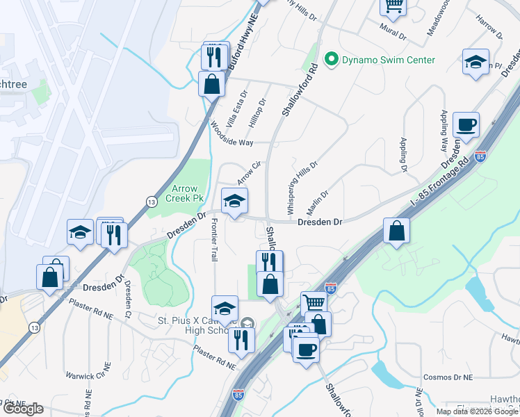 map of restaurants, bars, coffee shops, grocery stores, and more near 2838 Shallowford Road in Atlanta