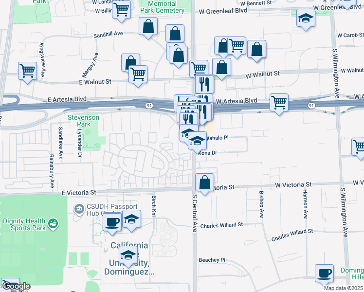 map of restaurants, bars, coffee shops, grocery stores, and more near 1254 Magnolia Drive in Carson