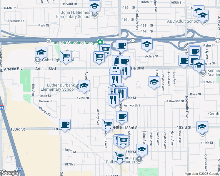 map of restaurants, bars, coffee shops, grocery stores, and more near 17628 Alburtis Avenue in Artesia