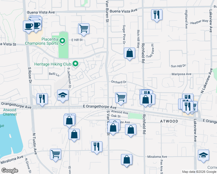 map of restaurants, bars, coffee shops, grocery stores, and more near 170 South Van Buren Street in Placentia