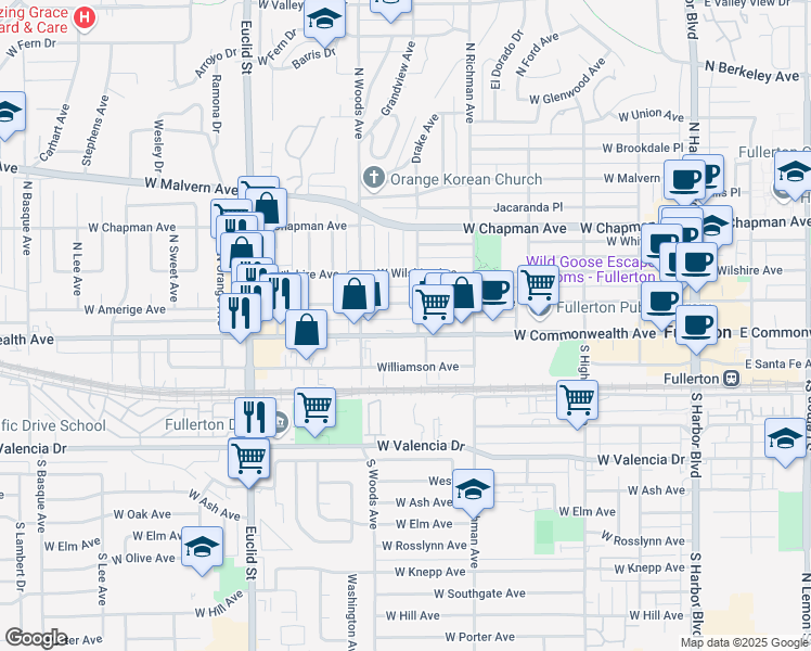 map of restaurants, bars, coffee shops, grocery stores, and more near 616 West Commonwealth Avenue in Fullerton