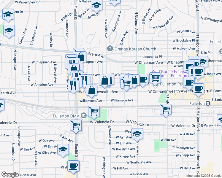 map of restaurants, bars, coffee shops, grocery stores, and more near 700 West Commonwealth Avenue in Fullerton
