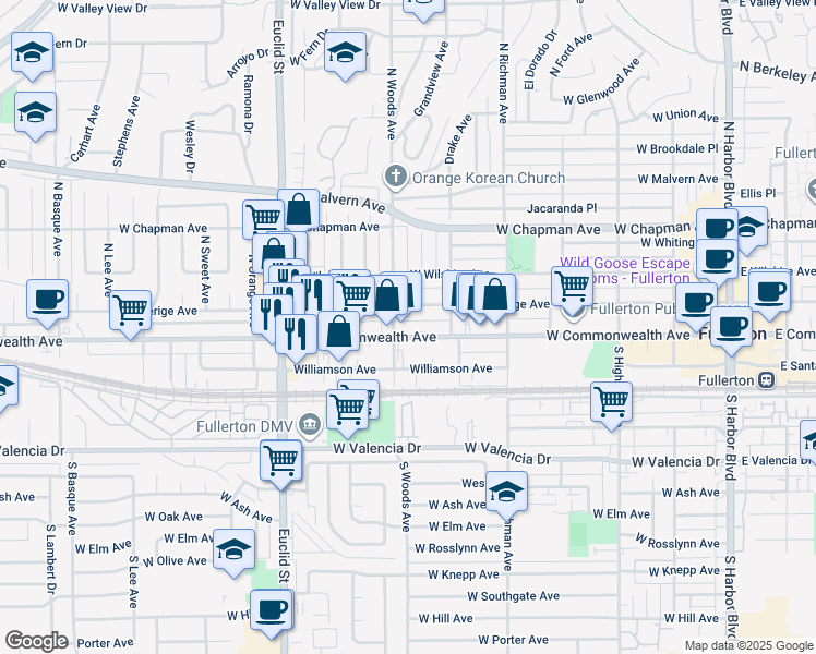 map of restaurants, bars, coffee shops, grocery stores, and more near 700 West Commonwealth Avenue in Fullerton