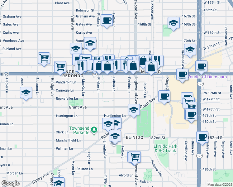 map of restaurants, bars, coffee shops, grocery stores, and more near 2602 Carnegie Lane in Redondo Beach