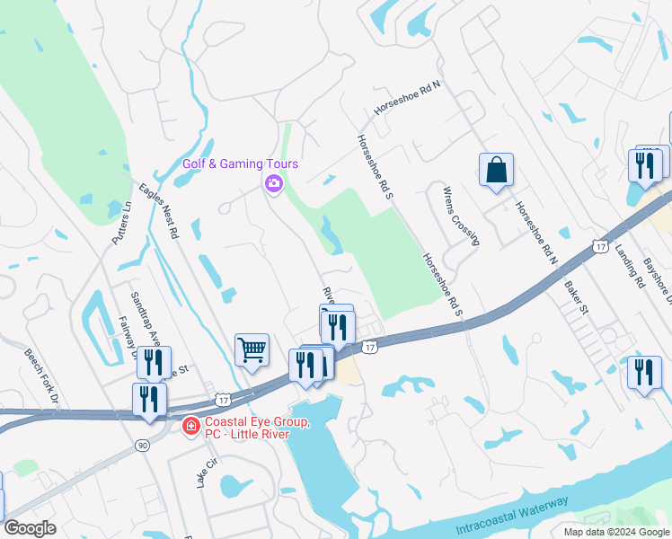 map of restaurants, bars, coffee shops, grocery stores, and more near 300 Bowling Lane in Little River