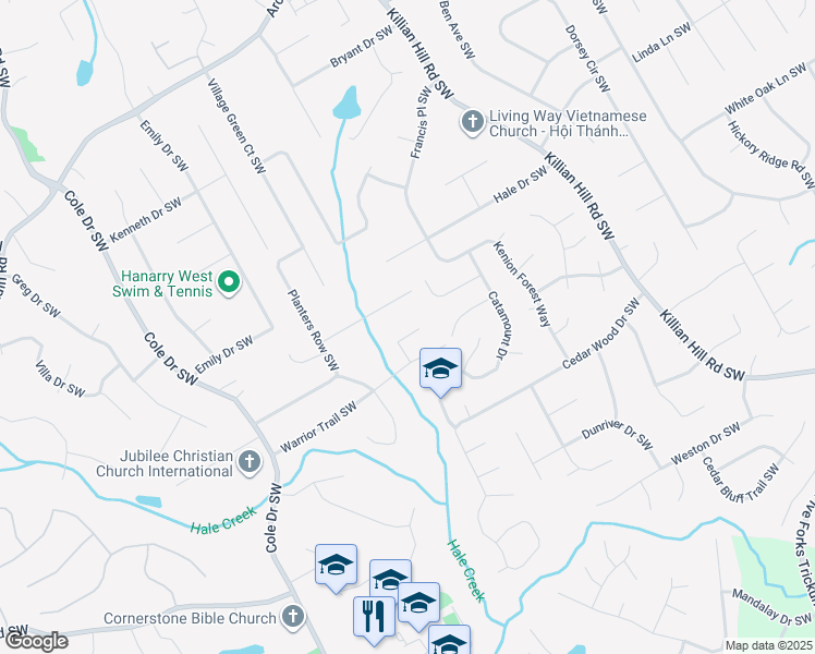 map of restaurants, bars, coffee shops, grocery stores, and more near 4511 Warrior Trail Southwest in Lilburn