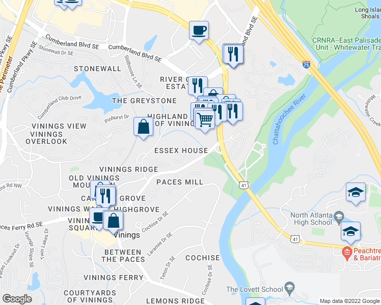 map of restaurants, bars, coffee shops, grocery stores, and more near 3701 Essex Avenue in Atlanta