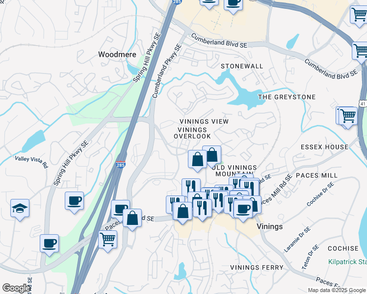 map of restaurants, bars, coffee shops, grocery stores, and more near 2800 Mount Wilkinson Parkway Southeast in Atlanta