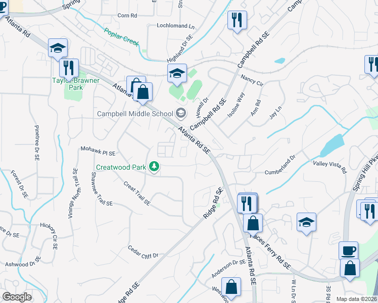 map of restaurants, bars, coffee shops, grocery stores, and more near 109 Rondak Circle in Smyrna