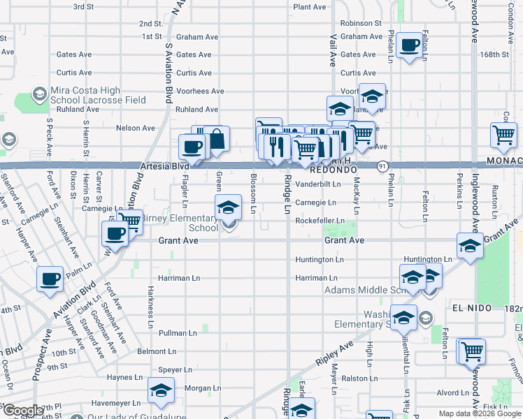 map of restaurants, bars, coffee shops, grocery stores, and more near 2108 Rockefeller Lane in Redondo Beach