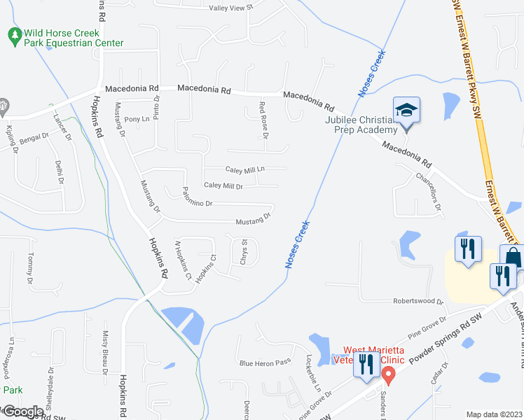 map of restaurants, bars, coffee shops, grocery stores, and more near 3246 Palomino Drive in Powder Springs
