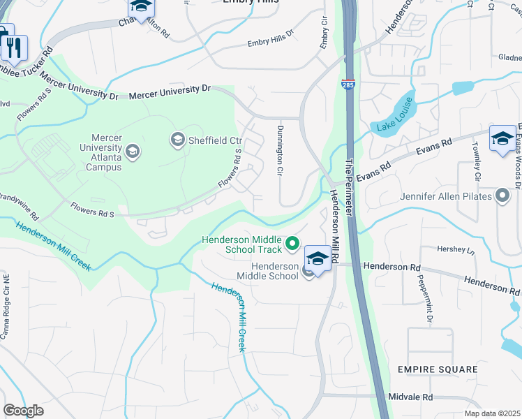 map of restaurants, bars, coffee shops, grocery stores, and more near 3217 Flowers Road South in Atlanta