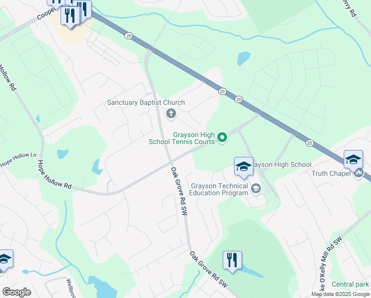 map of restaurants, bars, coffee shops, grocery stores, and more near 155 Hope Hollow Road in Loganville