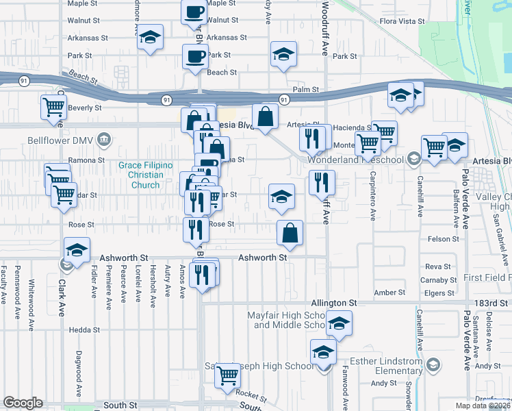 map of restaurants, bars, coffee shops, grocery stores, and more near 9928 Cedar Street in Bellflower