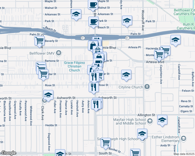 map of restaurants, bars, coffee shops, grocery stores, and more near 17832 Bellflower Boulevard in Bellflower