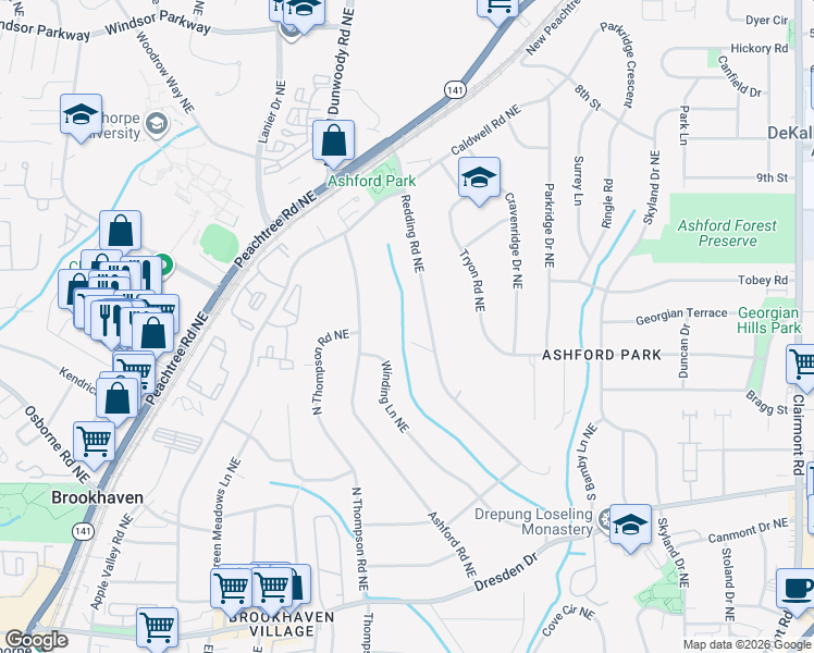 map of restaurants, bars, coffee shops, grocery stores, and more near 1559 Crossway Drive Northeast in Atlanta
