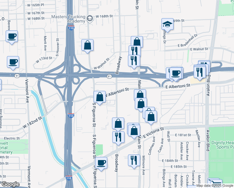 map of restaurants, bars, coffee shops, grocery stores, and more near 18121 South Broadway in Gardena