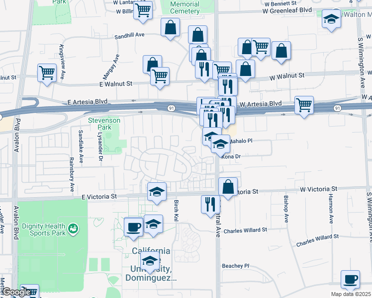map of restaurants, bars, coffee shops, grocery stores, and more near 1212 Date Palm Drive in Carson
