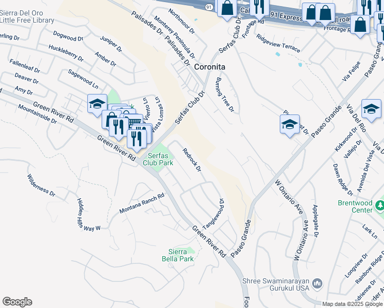 map of restaurants, bars, coffee shops, grocery stores, and more near 2539 Redrock Drive in Corona
