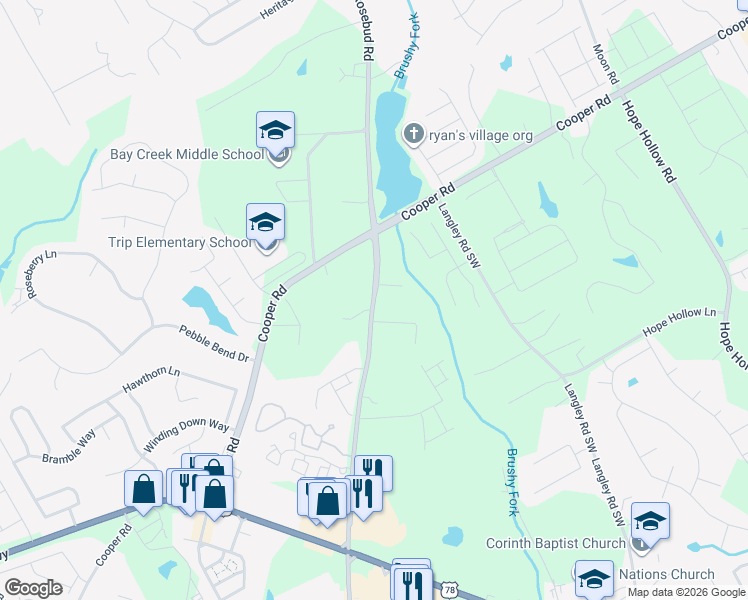 map of restaurants, bars, coffee shops, grocery stores, and more near 2945 Rosebud Road Southwest in Loganville