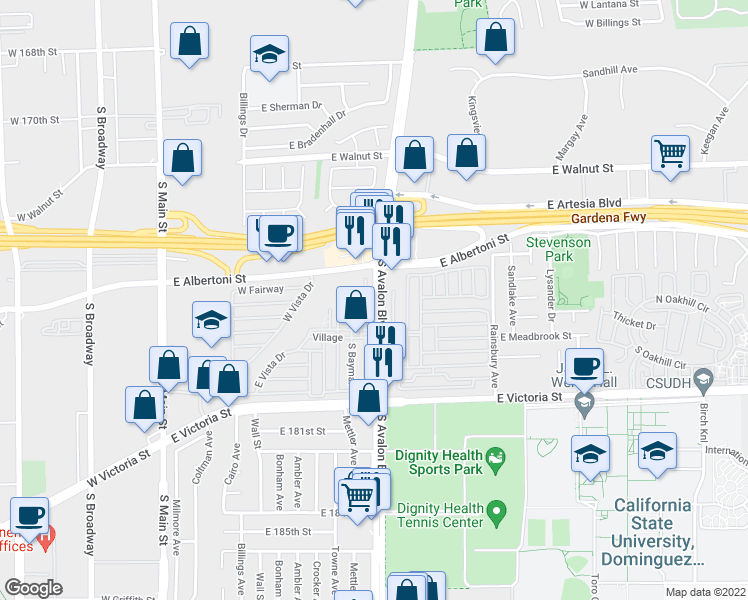 map of restaurants, bars, coffee shops, grocery stores, and more near in Carson