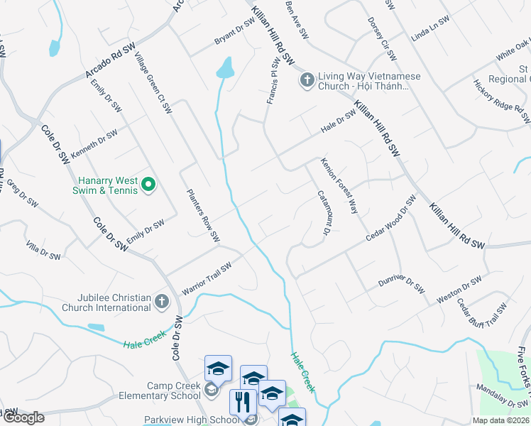 map of restaurants, bars, coffee shops, grocery stores, and more near 4511 Warrior Trail Southwest in Lilburn