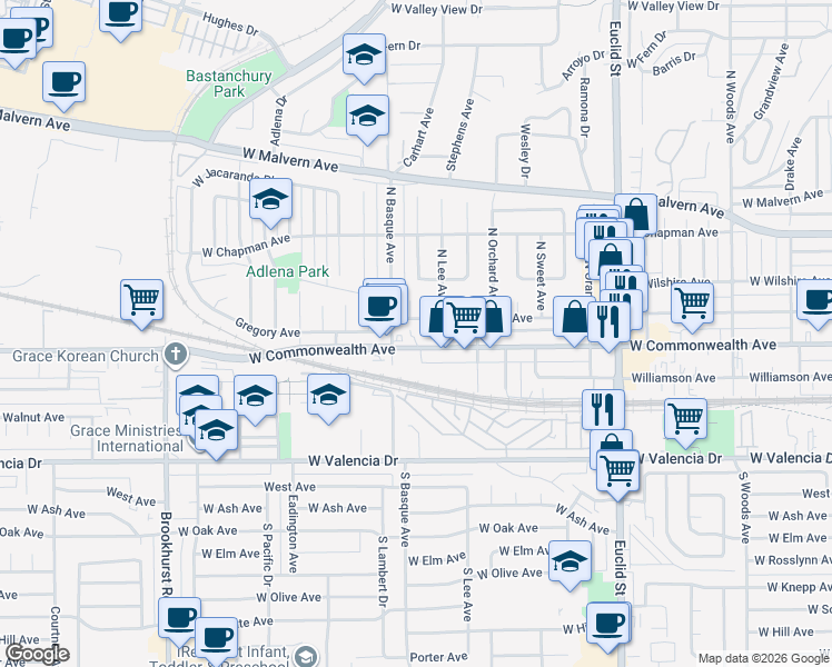 map of restaurants, bars, coffee shops, grocery stores, and more near 1548 West Commonwealth Avenue in Fullerton