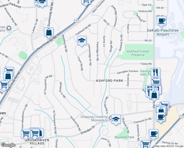 map of restaurants, bars, coffee shops, grocery stores, and more near 1652 Tryon Road Northeast in Atlanta