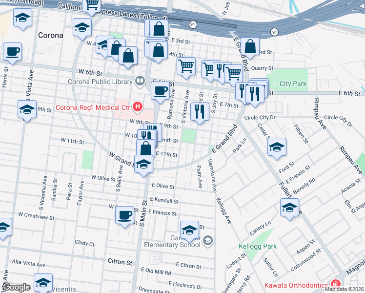 map of restaurants, bars, coffee shops, grocery stores, and more near 1009 South Victoria Avenue in Corona