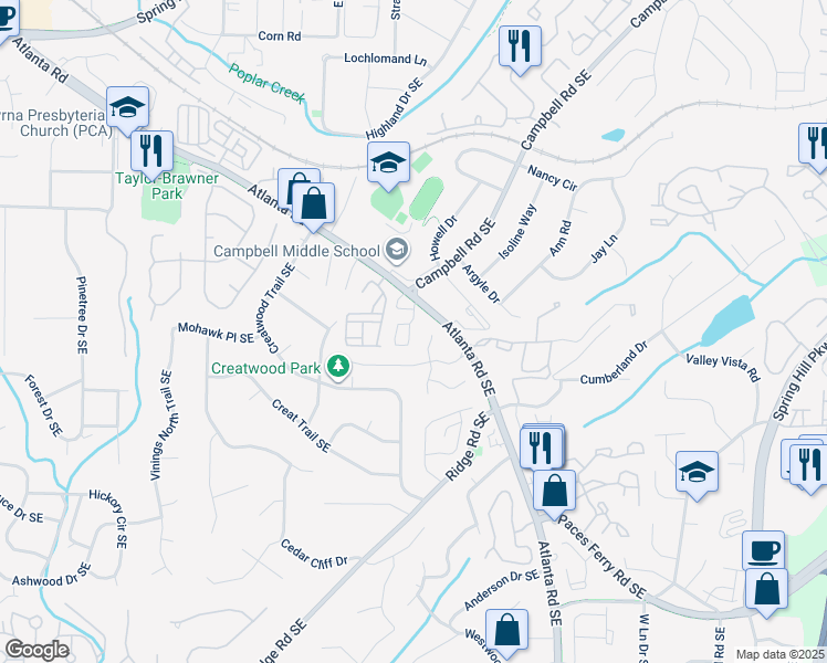 map of restaurants, bars, coffee shops, grocery stores, and more near 109 Rondak Circle in Smyrna