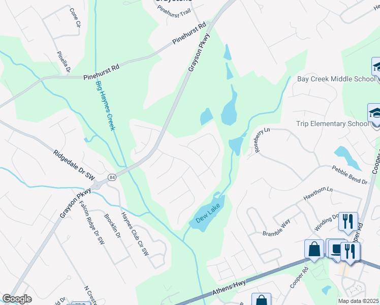 map of restaurants, bars, coffee shops, grocery stores, and more near 2451 Meadow Pond Trail Southwest in Grayson