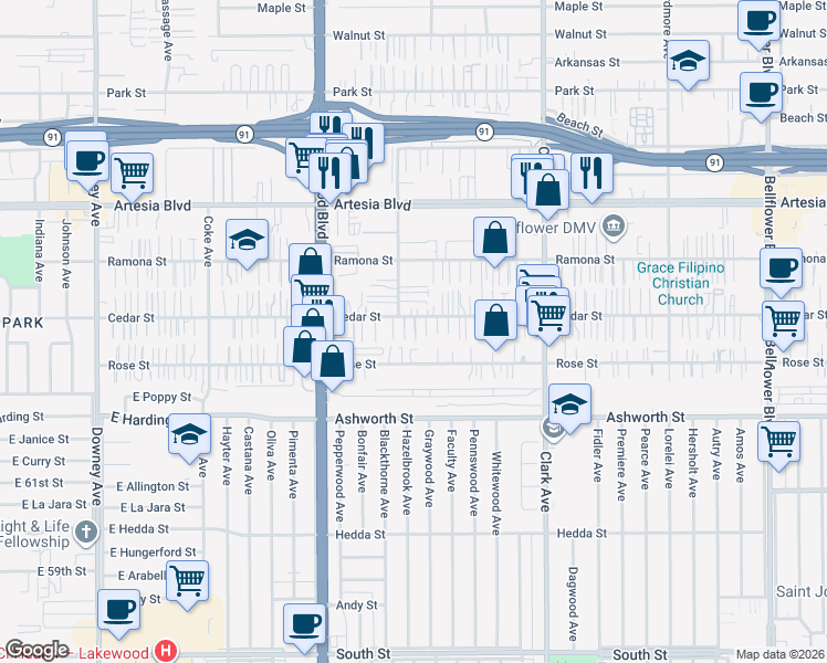 map of restaurants, bars, coffee shops, grocery stores, and more near 9112 Cedar Street in Bellflower