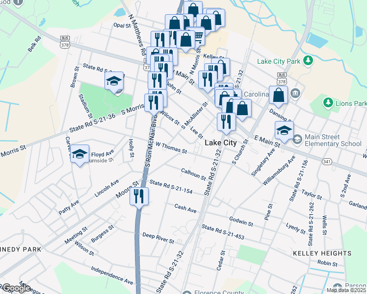map of restaurants, bars, coffee shops, grocery stores, and more near 131 West Thomas Street in Lake City