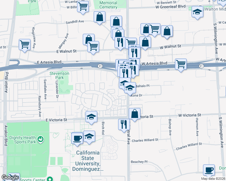 map of restaurants, bars, coffee shops, grocery stores, and more near 1218 Hickory Drive in Carson