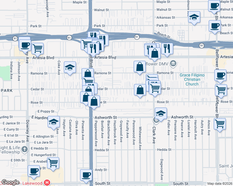map of restaurants, bars, coffee shops, grocery stores, and more near 9112 Cedar Street in Bellflower