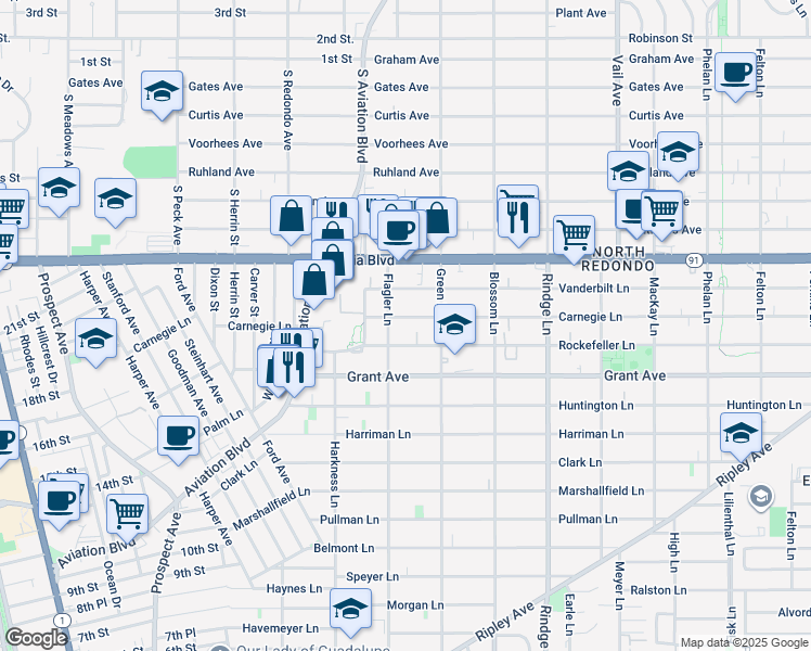 map of restaurants, bars, coffee shops, grocery stores, and more near 1906 Carnegie Lane in Redondo Beach