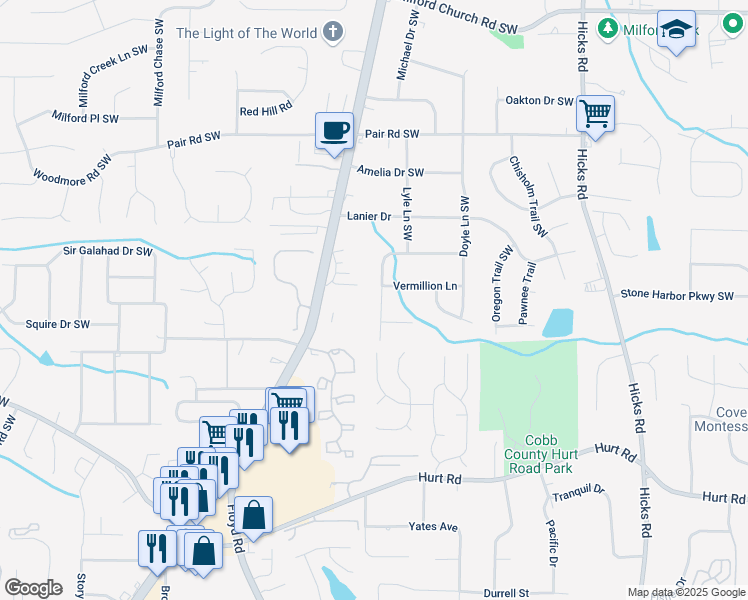 map of restaurants, bars, coffee shops, grocery stores, and more near 3412 Sherrod Drive SouthWest in Marietta