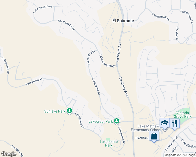 map of restaurants, bars, coffee shops, grocery stores, and more near 17750 Crown Creek Circle in Riverside