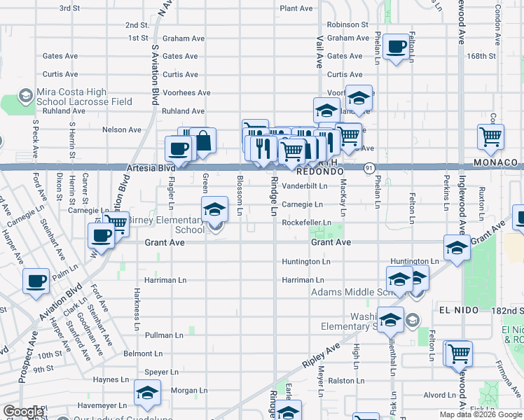 map of restaurants, bars, coffee shops, grocery stores, and more near 2114 Carnegie Lane in Redondo Beach