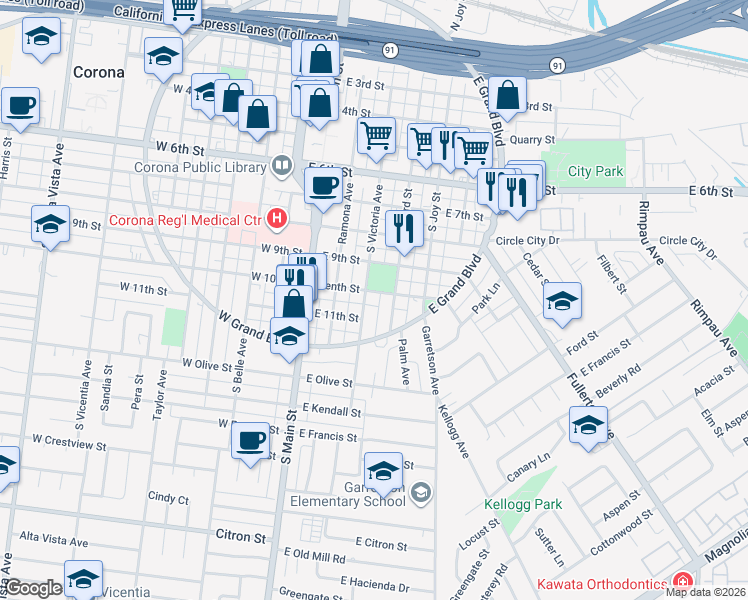 map of restaurants, bars, coffee shops, grocery stores, and more near 1009 South Victoria Avenue in Corona