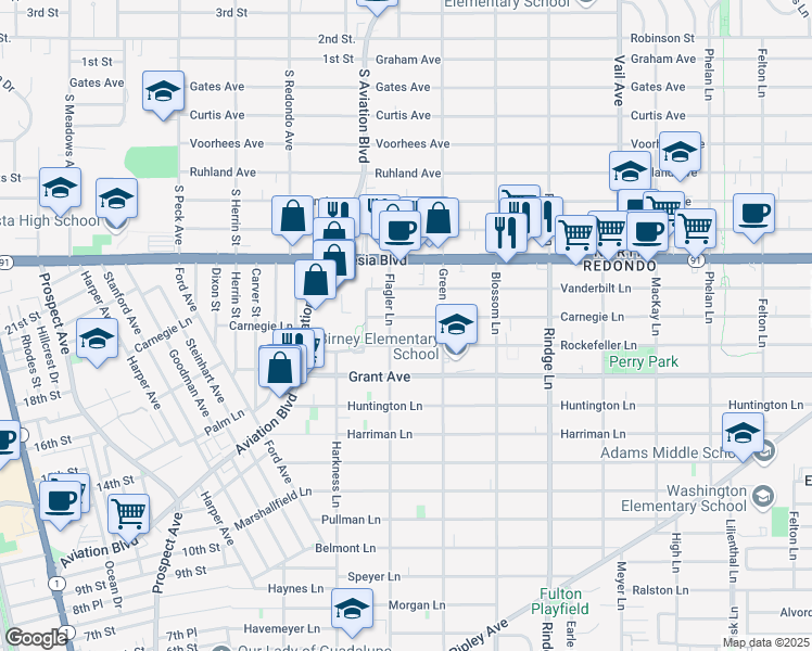 map of restaurants, bars, coffee shops, grocery stores, and more near 1906 Carnegie Lane in Redondo Beach